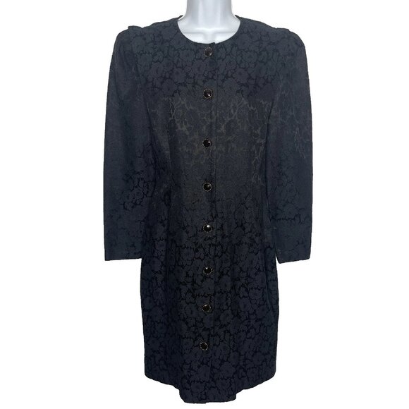 Vintage 90s All That Jazz Coat Dress Size 9/10 Black Floral Satin Brocade - Picture 1 of 8